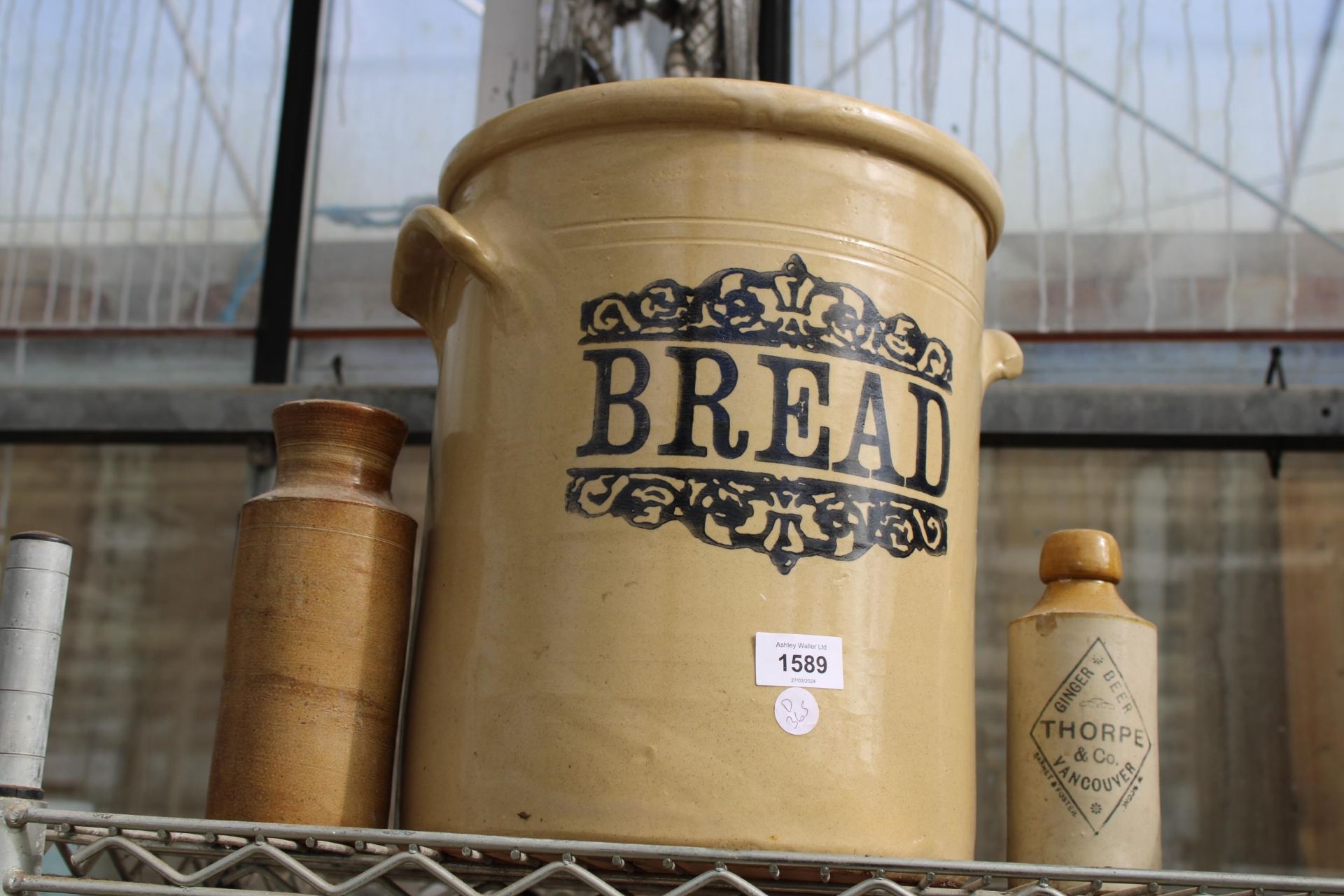 A VINTAGE STONEWARE BREAD BIN AND TWO STONEWARE BOTTLES