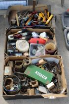 A LARGE ASSORTMENT OF HAND TOOLSTO INCLUDE PLANES, HAMMERS AND PAINT BRUSHES ETC