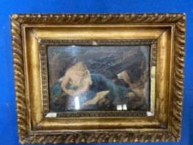 A MINIATURE GILT FRAMED OIL ON BAORD OF GIRL READING 9CM X 15CM