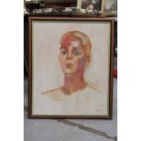 AN ACRYLIC PAINTING OF A WOMAN, SIGNED J BROADHURST (ALDERLEY EDGE PAINTER), 56CM X 66CM