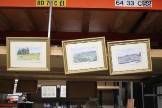 THREE FRAMED PRINTS OF GOLF COURSES TO INCLUDE, GLENEAGLES, ROYAL TROON AND MUIRFIELD