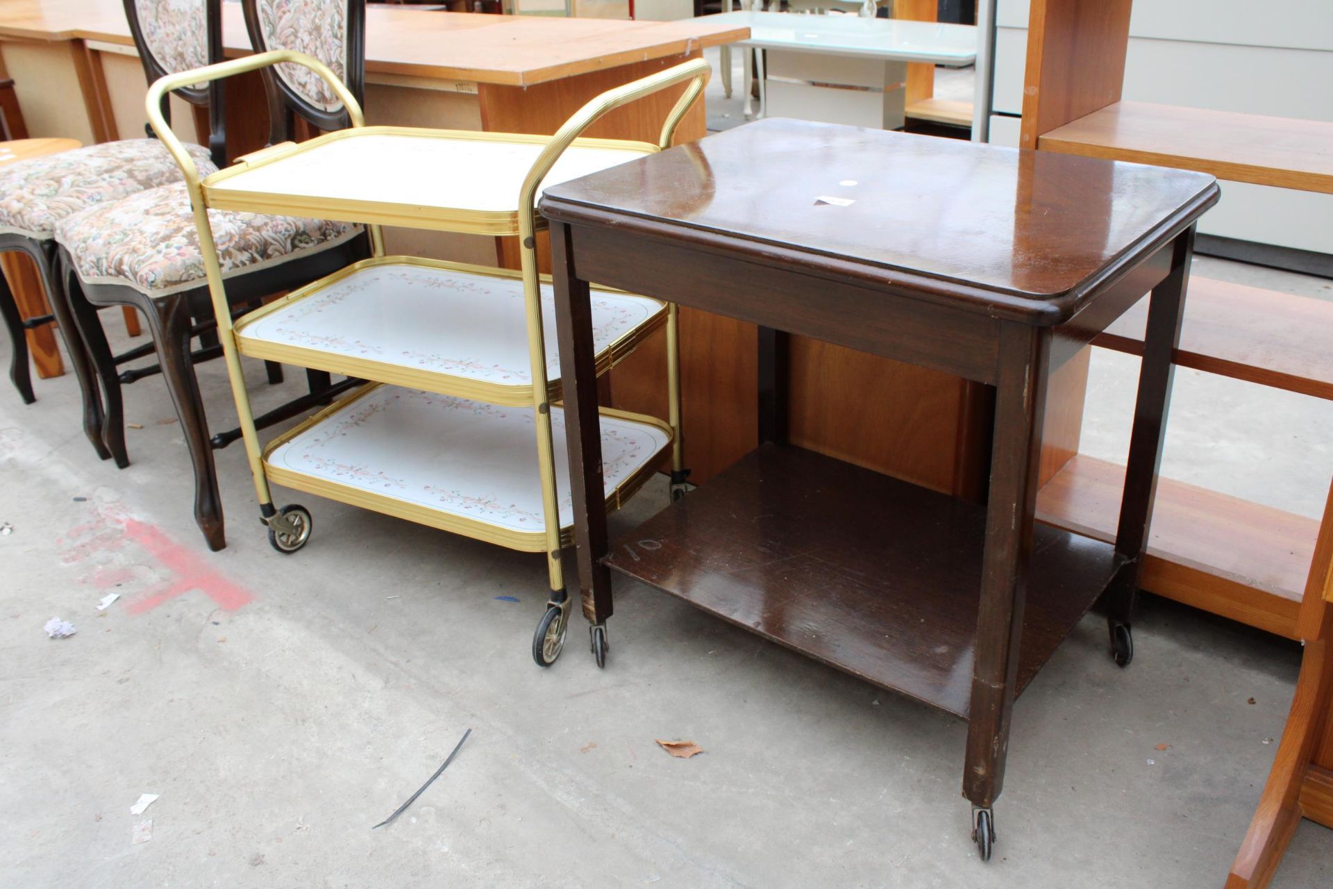 A THREE TIER TROLLEY, PAIR OF DINING CHAIRS AND A TWO TIER OCCASIONAL TABLE - Image 2 of 2