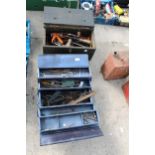 TWO TOOL BOXES WITH AN ASSORTMENT OF TOOLS TO INCLUDE BRACE DRILLS AND SPANNERS ETC