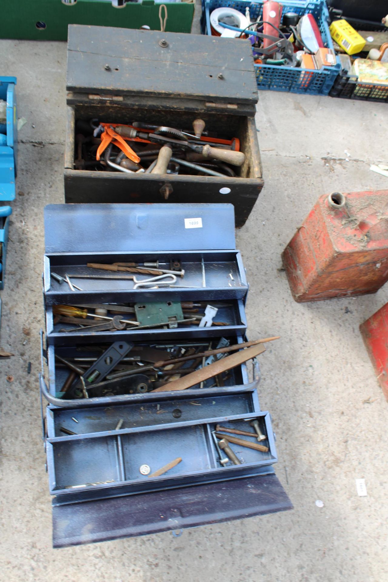 TWO TOOL BOXES WITH AN ASSORTMENT OF TOOLS TO INCLUDE BRACE DRILLS AND SPANNERS ETC