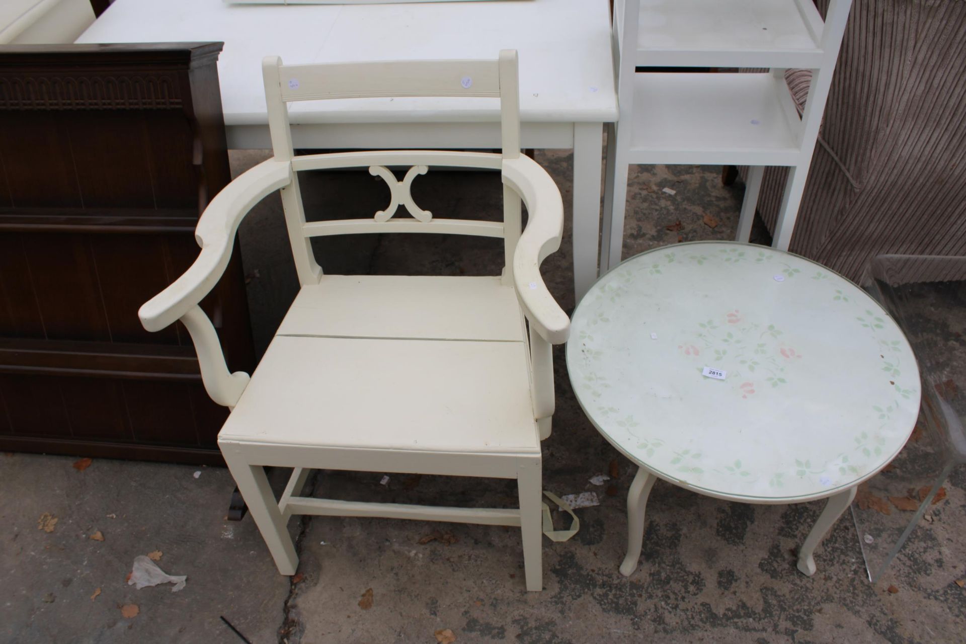 A COFFEE/WORK TABLE 24" DIAMETER, A PAINTED COUNTRY CHAIR AND A DRESSER RACK - Image 2 of 2