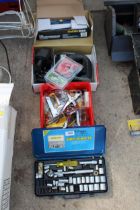 AN ASSORTMENT OF TOOLS TO INCLUDE A SOCKET SET, PUNCHES AND AN ELECTRIC JIGSAW ETC