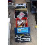 AN ASSORTMENT OF TOOLS TO INCLUDE A SOCKET SET, PUNCHES AND AN ELECTRIC JIGSAW ETC