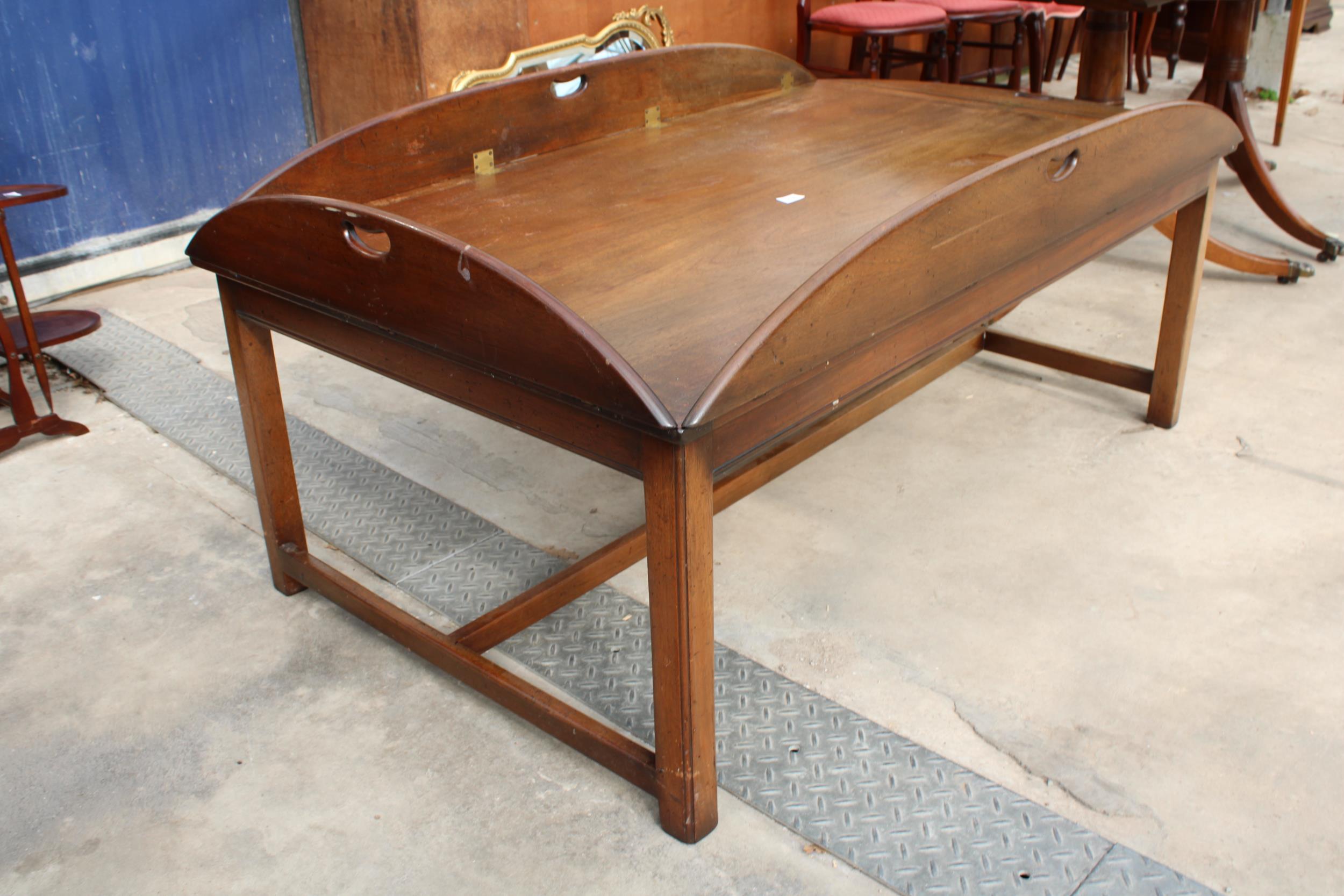 A GEORGIAN STYLE MAHOGANY COFFEE TABLE IN THE FORM OF A BUTLERS TRAY FULLY OPENED, 64" X 43" - Image 2 of 3