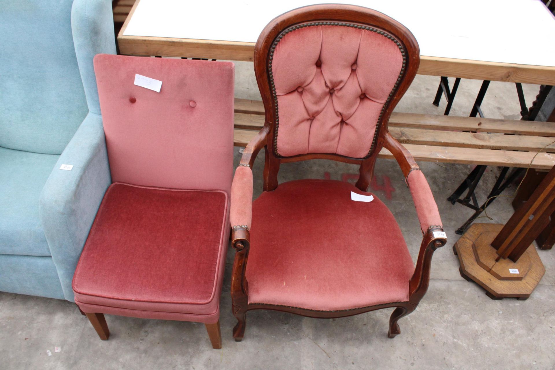 A CONTINENTAL STYLE OPEN ARM CHAIR AND BEDROOM CHAIR