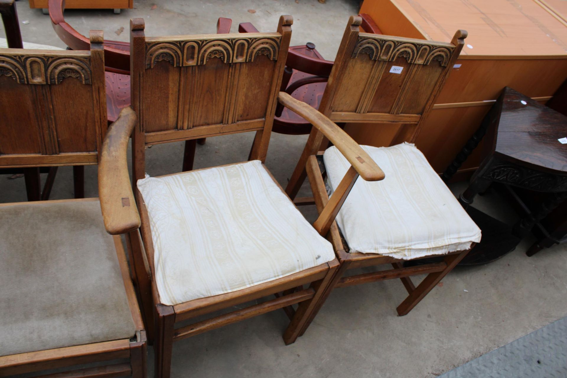 FOUR JAMES PHILLIPS AND SON OAK ARTS AND CRAFTS STYLE CHAIRS TWO BEING CARVERS - Image 3 of 3