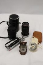 A VINTAGE CAMERA LENS, HANIMEX SEKONIC LIGHT EXPOSURE METER IN LEATHER CASE, ETC.,