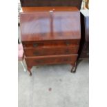 A REPRODUCTION MAHOGANY BUREAU ON CABRIOLE LEGS 29" WIDE