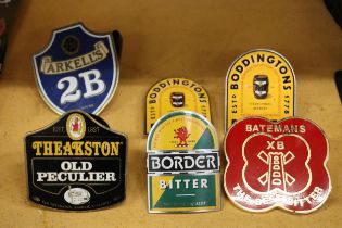 SIX METAL BAR PUMP BREWERY MOUNTS TO INCLUDE THEAKSTON AND BODDINGTONS