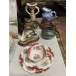 A MIXED LOT TO INCLUDE A MALING RINGTONS CHINTZ BLUE JUG, ELLIOTT WARE CANDLESTICK AND BESWICK HORSE