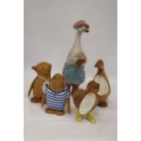 FIVE WOODEN DCUK'S TO INCLUDE GUINS PENGUIN, BILLIE, NAOMI, ETC.,