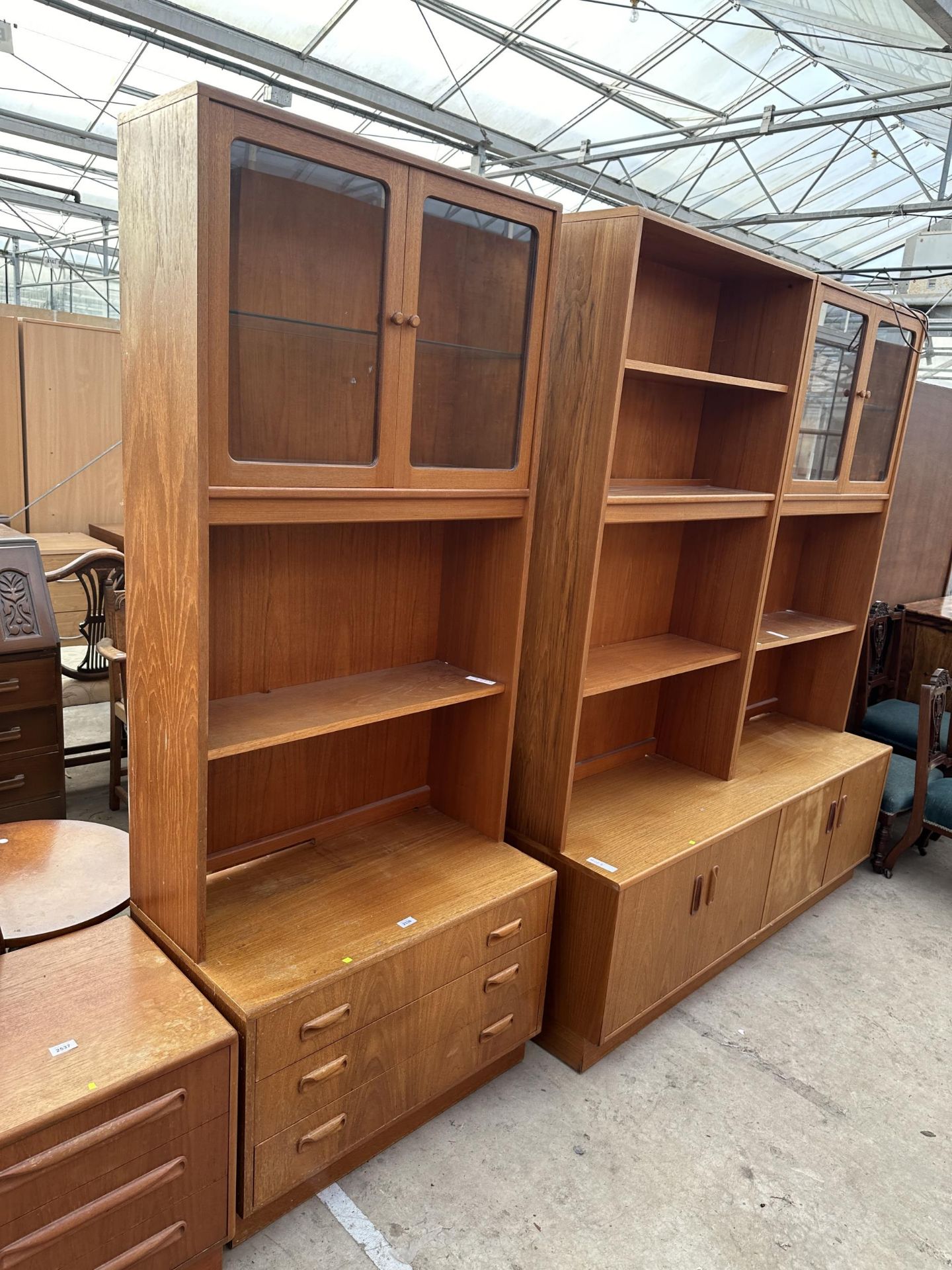 A G PLAN RETRO TEAK UNIT WITH TWO GLAZED UPPER DOORS AND THREE DRAWERS TO BASE 32" WIDE