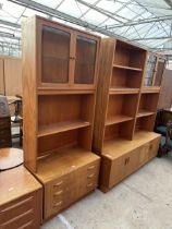 A G PLAN RETRO TEAK UNIT WITH TWO GLAZED UPPER DOORS AND THREE DRAWERS TO BASE 32" WIDE