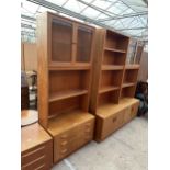 A G PLAN RETRO TEAK UNIT WITH TWO GLAZED UPPER DOORS AND THREE DRAWERS TO BASE 32" WIDE