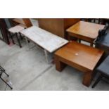 A HARDWOOD LAMP TABLE, RETRO TEAK COFFEE TABLE BY PLEASING FURNITURE (PYE FRANKLIN) AND A SMALL