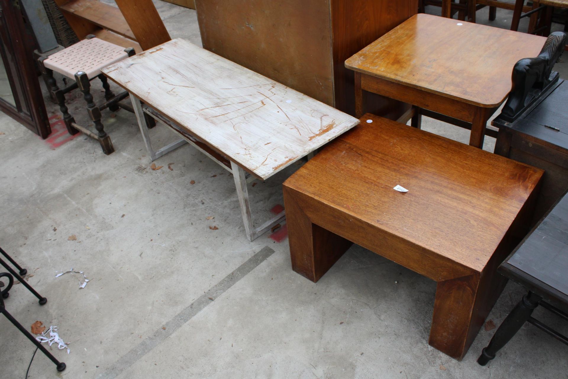 A HARDWOOD LAMP TABLE, RETRO TEAK COFFEE TABLE BY PLEASING FURNITURE (PYE FRANKLIN) AND A SMALL