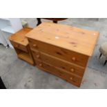 A PINE CHEST OF THREE DRAWERSAND MATCHING BEDSIDE CHEST