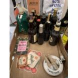 VARIOUS ITEMS TO INCLUDE BOTTLES OF BEER, A SODA SYPHON, ASHTRAY, BEERMATS ETC