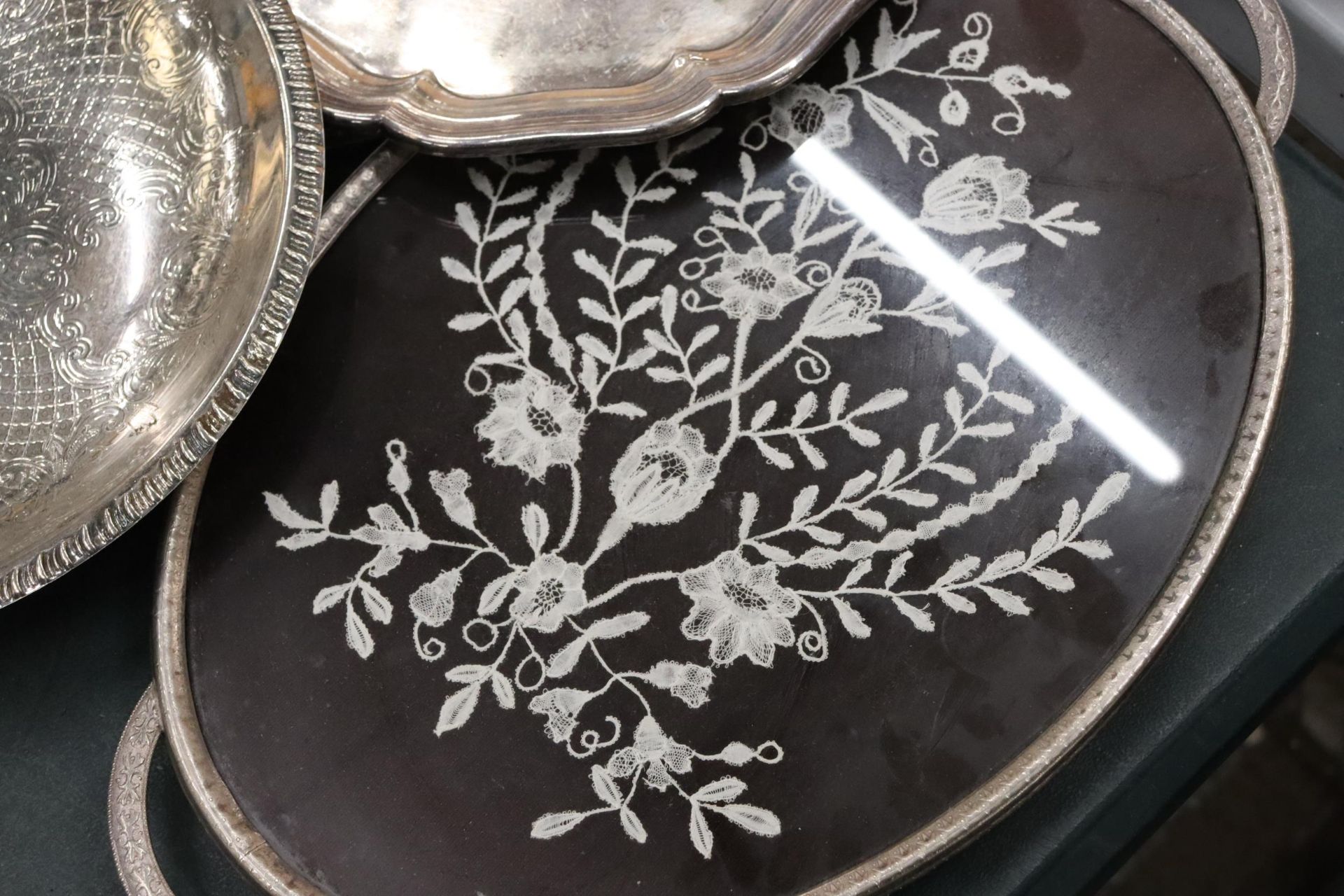 FIVE SILVER PLATE TRAYS ONE WITH AN EMBROIDERED INLAY - Image 2 of 11