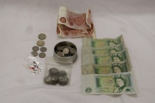 A COLLECTION OF PRE DECIMAL COINS AND NOTES TO INCLUDE SIXPENCES, THREPENNY BITS, ETC, FIVE SHILLING