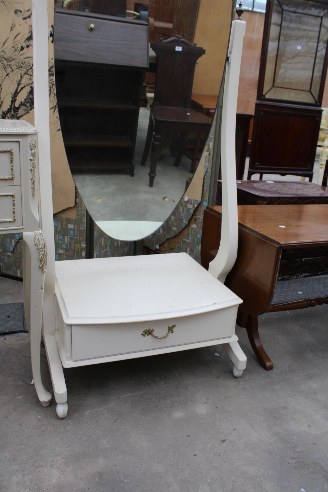 A CREAM CHEVAL MIRROR WITH DRAW TO BASE - Image 2 of 2