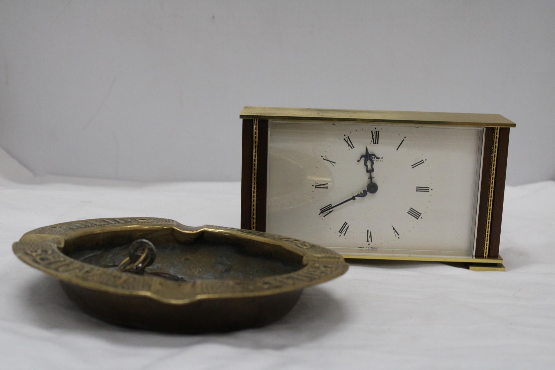 A VINTAGE BRASS, GERMAN MANTLE CLOCK, A LARGE PHILIPS LAMPS ASHTRAY PLUS TWO PADLOCKS - Image 2 of 2