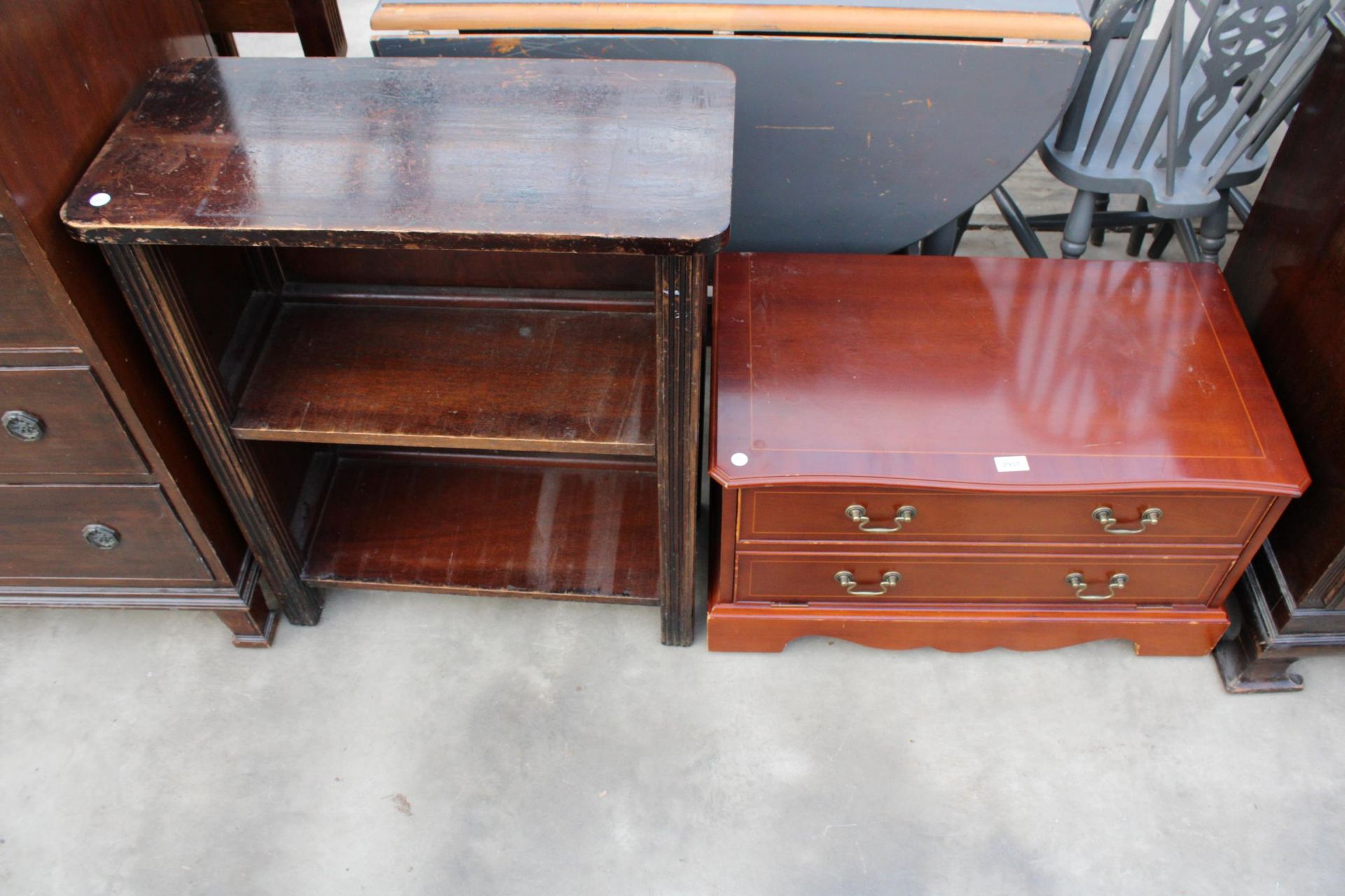 A MAHOGANY CABINET AND A SET OF TWO TIER OPEN SHELVES