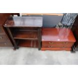 A MAHOGANY CABINET AND A SET OF TWO TIER OPEN SHELVES