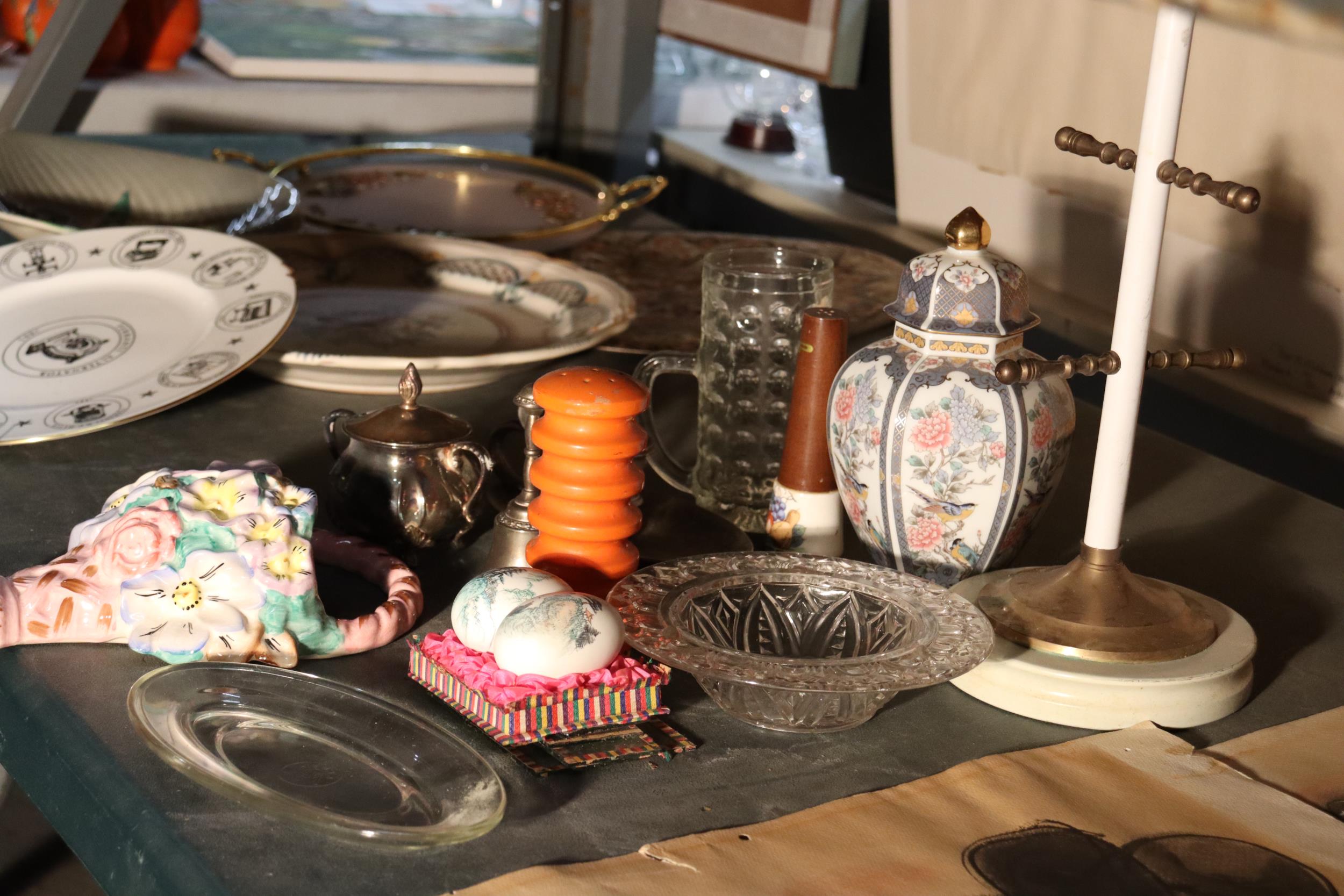 A DENBIGHWARE FLORAL WALL POCKET, ORIENTAL PAINTED EGGS, LIDDED JAR, SILVER PLATED CANDLESTICK, BELL - Image 14 of 14