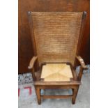 AN OAK ORKNEY CHAIR OF SMALL PROPORTIONS WITH WICKER SEAT AND STITCHED STRAW BACK