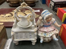 TWO ORIGINAL GERMAN TRINKET BOX FAIRINGS TO INCLUDE A DRESSING TABLE WITH WASH JUG AND BASIN AND