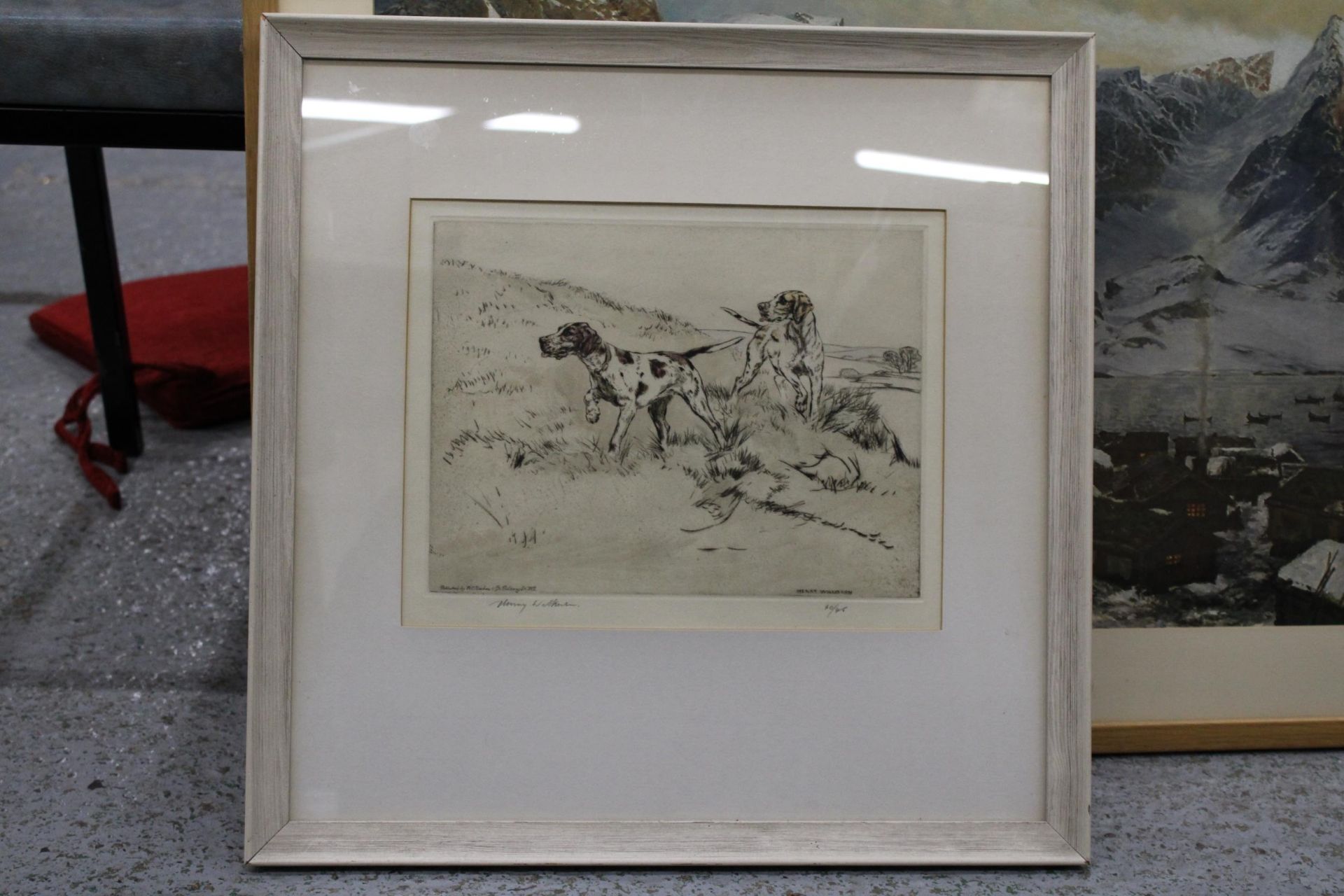THREE FRAMED PRINTS, A MOUNTAIN SCENE, FLORAL AND HUNTING DOGS - Image 4 of 4