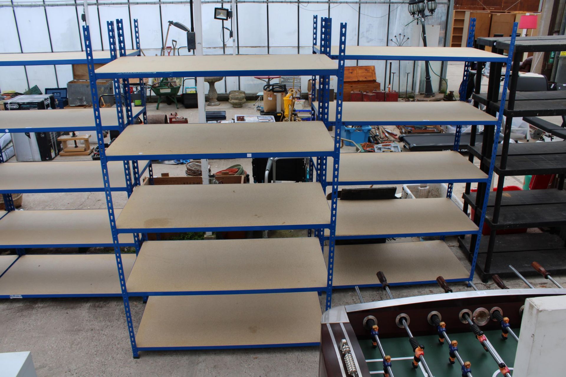 TWO FIVE TIER METAL AND CHIPBOARD SHELVING UNITS