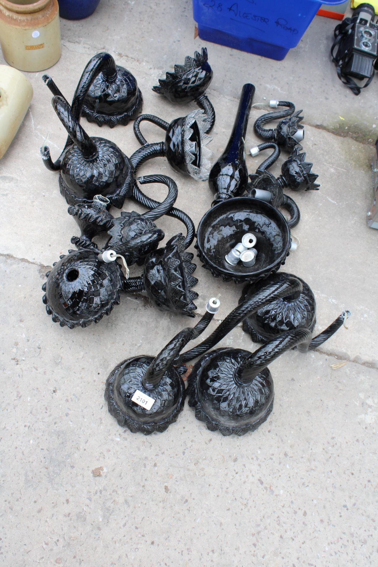 AN ASSORTMENT OF RETRO BLACK MURANO GLASS LIGHT FITTINGS