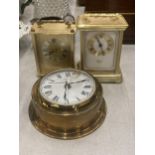THREE BRASS CLOCKS TO INCLUDE W. WIDDUP, STAIGER AND HERMLE