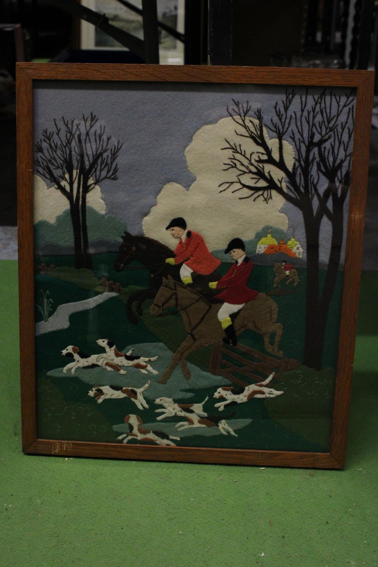 THREE FELT PICTURES TO INCLUDE A HUNTING SCENE, DUCKS AND FLOWERS - Image 3 of 4