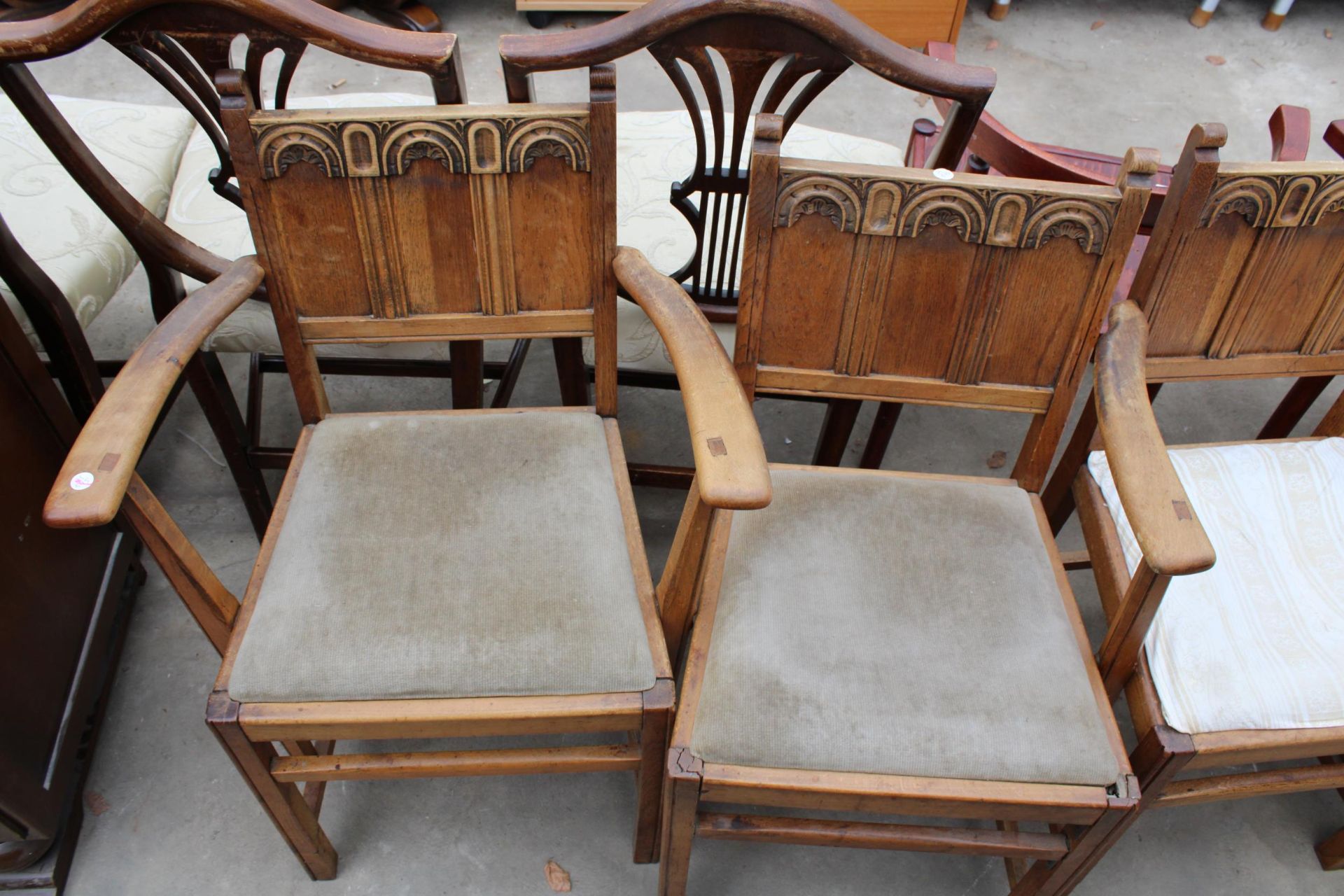 FOUR JAMES PHILLIPS AND SON OAK ARTS AND CRAFTS STYLE CHAIRS TWO BEING CARVERS - Image 2 of 3
