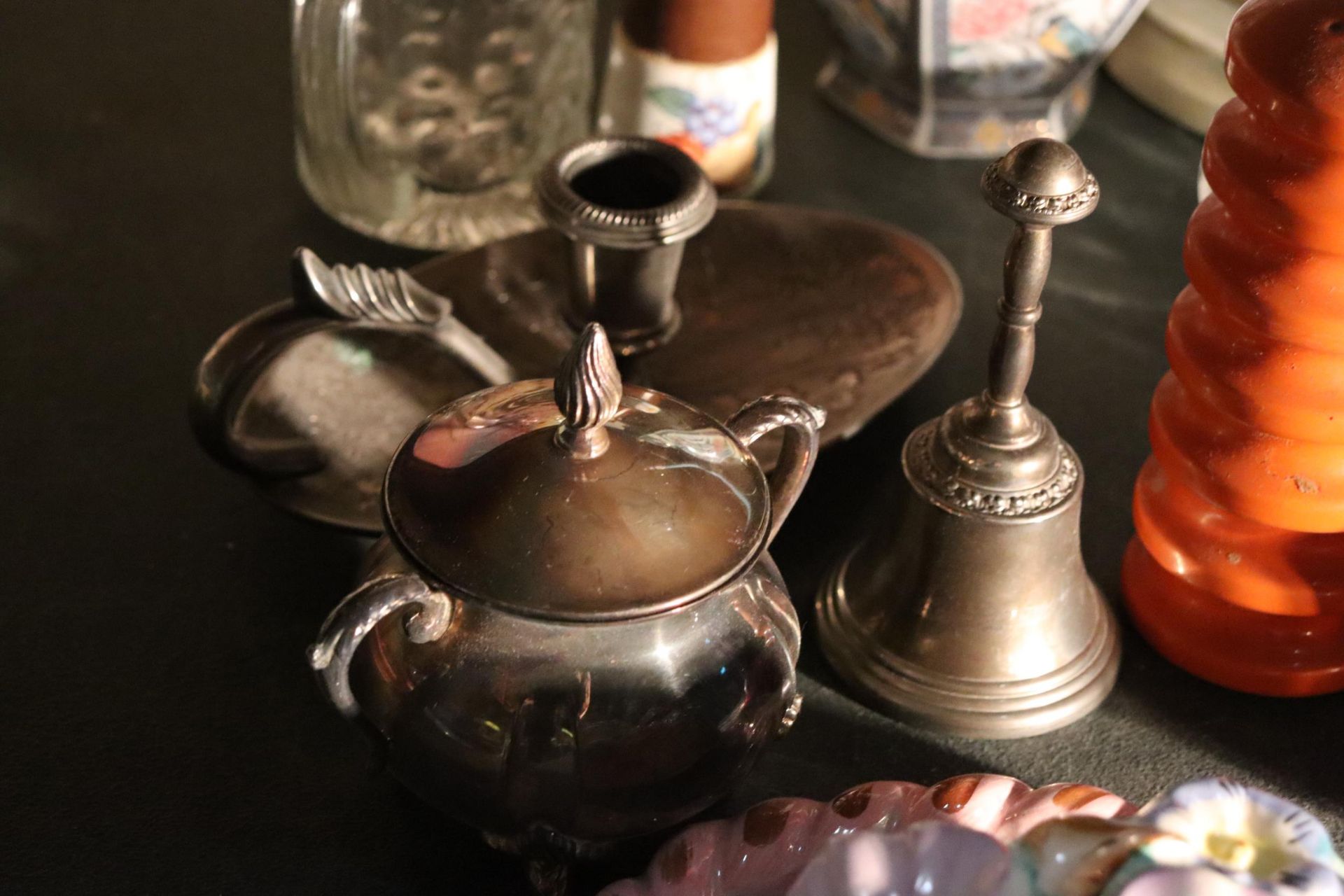 A DENBIGHWARE FLORAL WALL POCKET, ORIENTAL PAINTED EGGS, LIDDED JAR, SILVER PLATED CANDLESTICK, BELL - Image 5 of 14