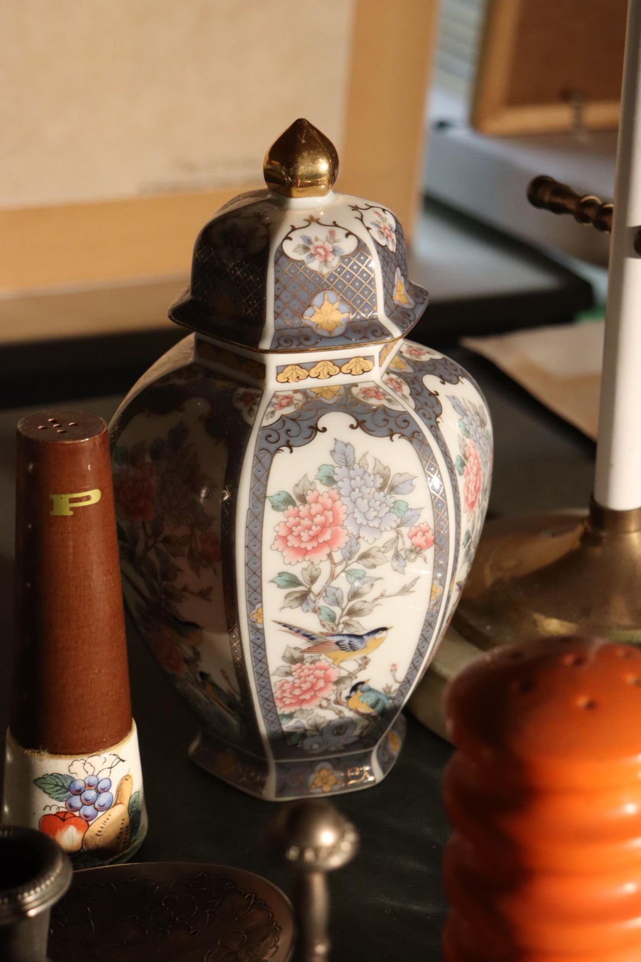 A DENBIGHWARE FLORAL WALL POCKET, ORIENTAL PAINTED EGGS, LIDDED JAR, SILVER PLATED CANDLESTICK, BELL - Image 8 of 14