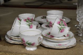 A COLCLOUGH ROSE PATTERNED PART CHINA TEASET, TO INCLUDE A CAKE PLATE, SUGAR BOWL, CUPS, SAUCERS AND