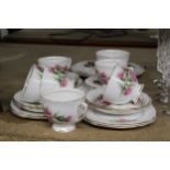 A COLCLOUGH ROSE PATTERNED PART CHINA TEASET, TO INCLUDE A CAKE PLATE, SUGAR BOWL, CUPS, SAUCERS AND