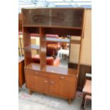 A RETRO TEAK OPEN UNTS BY STONEHILL (STATEROOM) ENCLOSING TWO GLASS SLIDING DOORS, TWO CUPBOARDS AND
