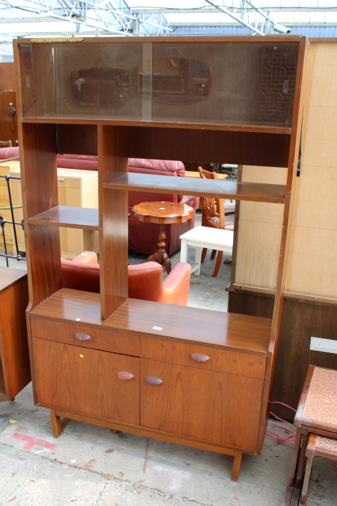 A RETRO TEAK OPEN UNTS BY STONEHILL (STATEROOM) ENCLOSING TWO GLASS SLIDING DOORS, TWO CUPBOARDS AND