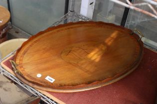 A LARGE VINTAGE MAHOGANY INLAID TRAY WITH TWIN BRASS HANDLES