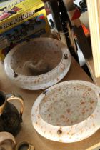 TWO LARGE VINTAGE GLASS CEILING LIGHT SHADES WITH MOTTLED COLOURING, DIAMETER APPROX 35CM