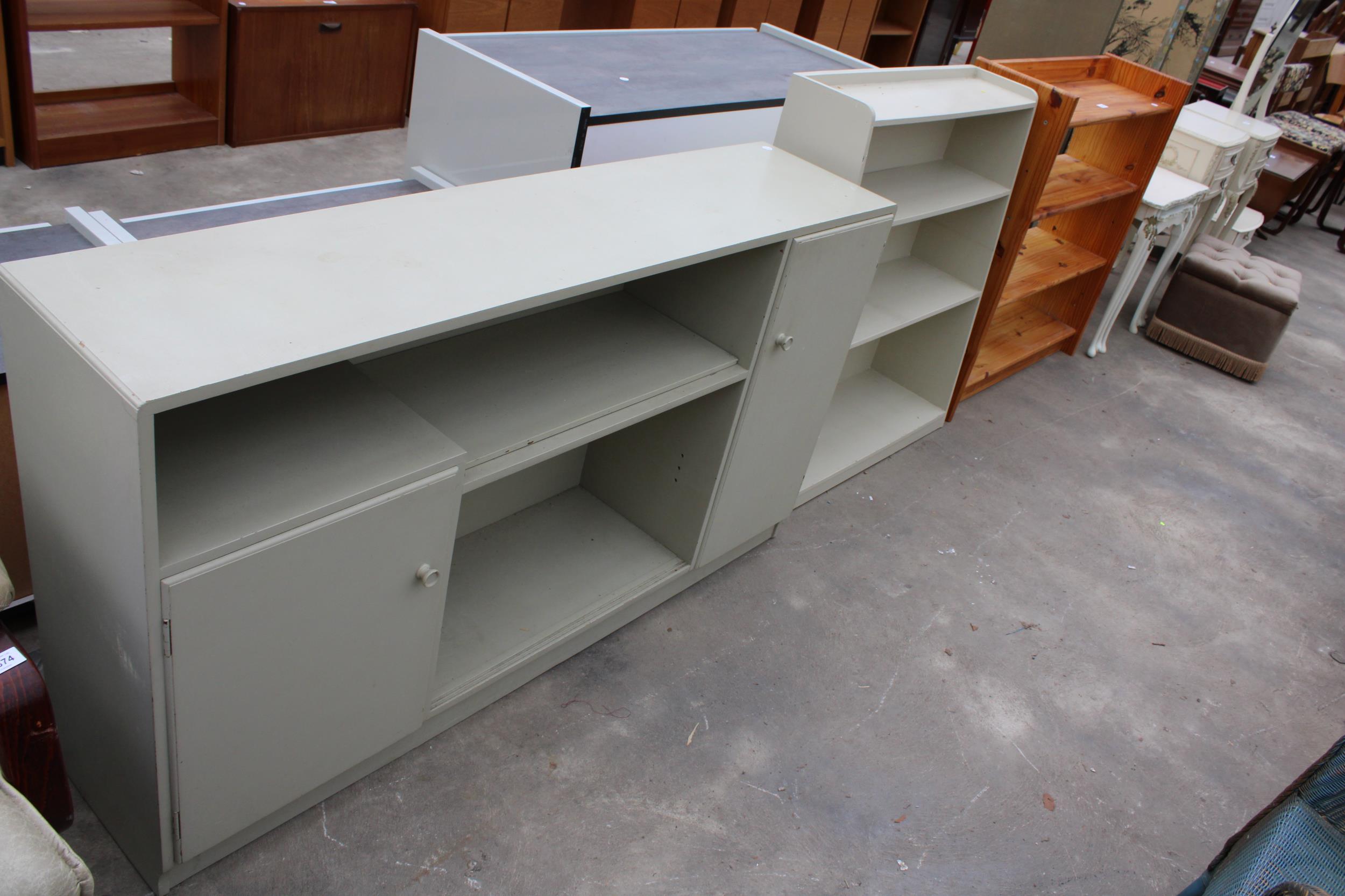 A PINE OPEN BOOKCASE, PAINTED OPEN BOOKCASE AND PAINTED CUPBOARD WITH OPEN SHELVES - Image 3 of 3